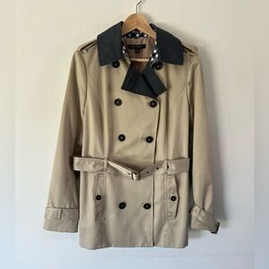 Brooks Brothers Tan With Gray Collar Belted Double‎ Breasted Short Trench Coat